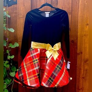 Bonnie Jean Christmas Holiday Party Dress Black Velvet Red/Gold Plaid Sz 12 NWT